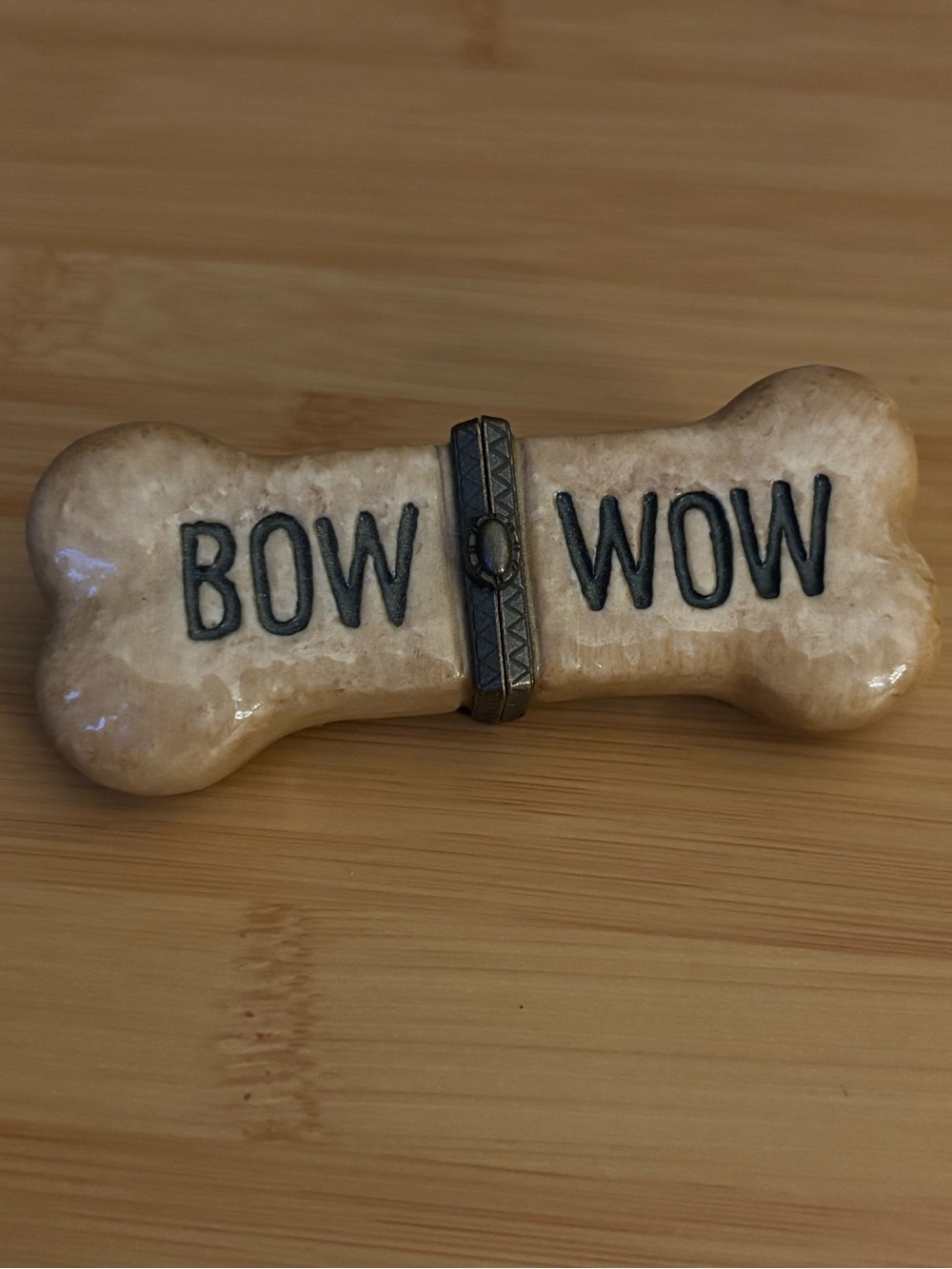 Porcelain hinged box Ceramic Bone Treat w/ 'BOW WOW' Lettering w/ dog tag inside